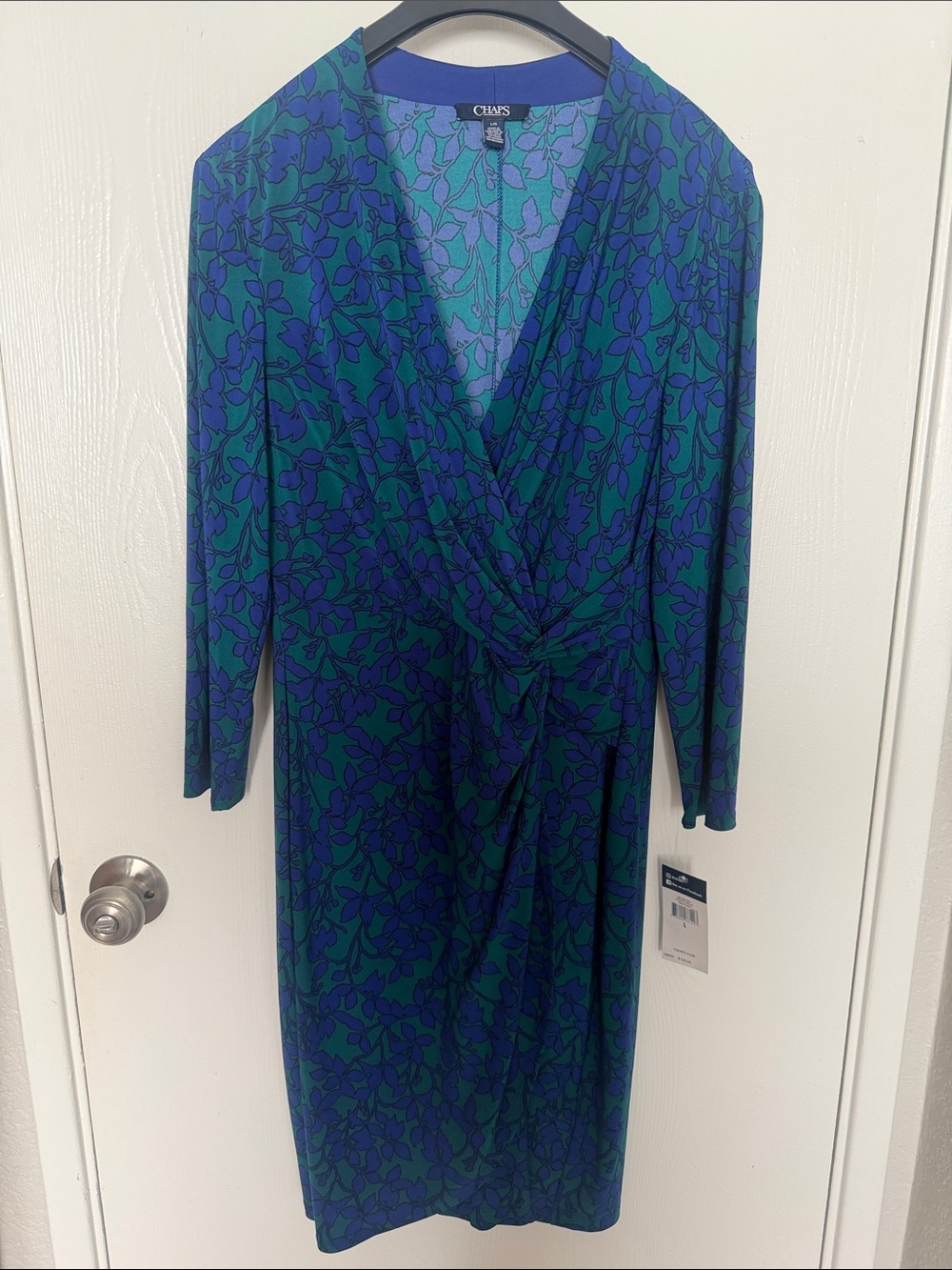 Chaps Blue and Green Floral Knot-Front Long Sleeve Dress